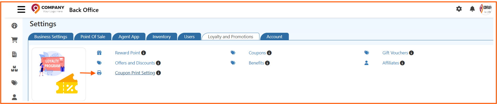 O2VEND Back Office Settings navigation to Coupon Print Settings