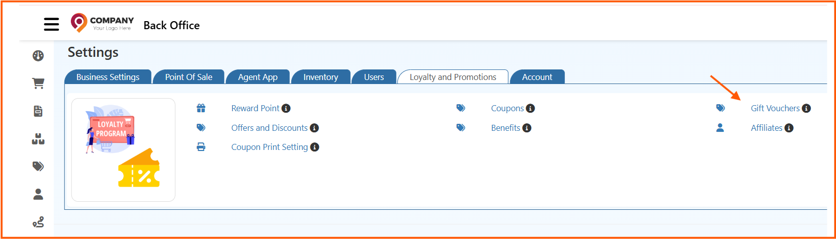 Navigation path to Gift Voucher settings in O2VEND Back Office