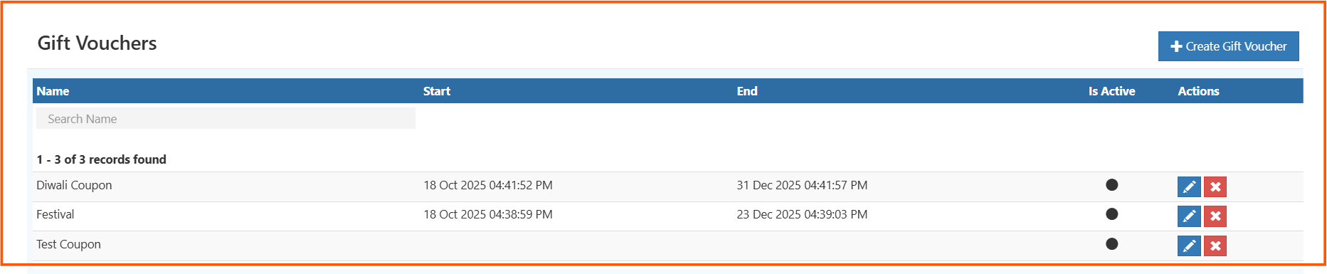 Gift Voucher listing page with existing vouchers and create option
