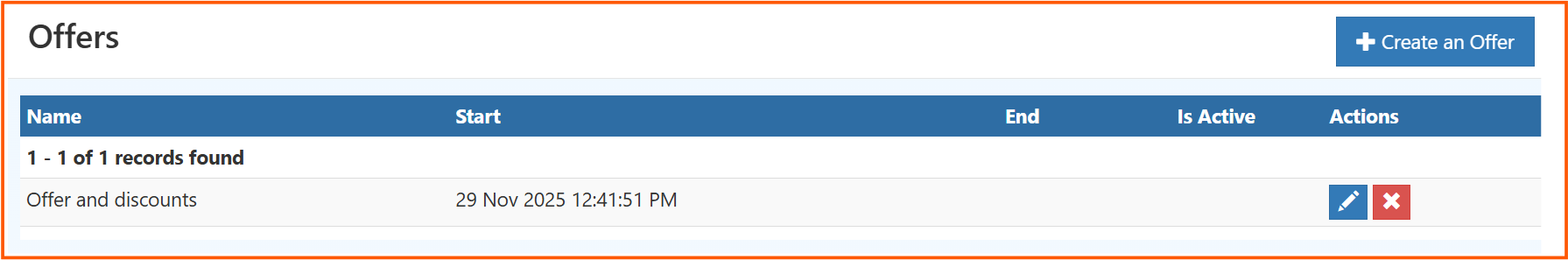O2VEND Offers List View showing all active offers and discounts