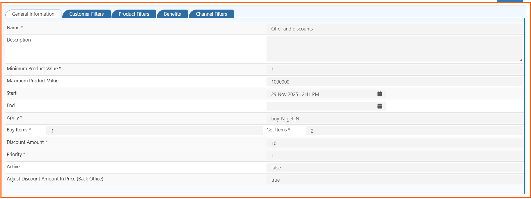 O2VEND General Information Tab for creating offers with all discount settings