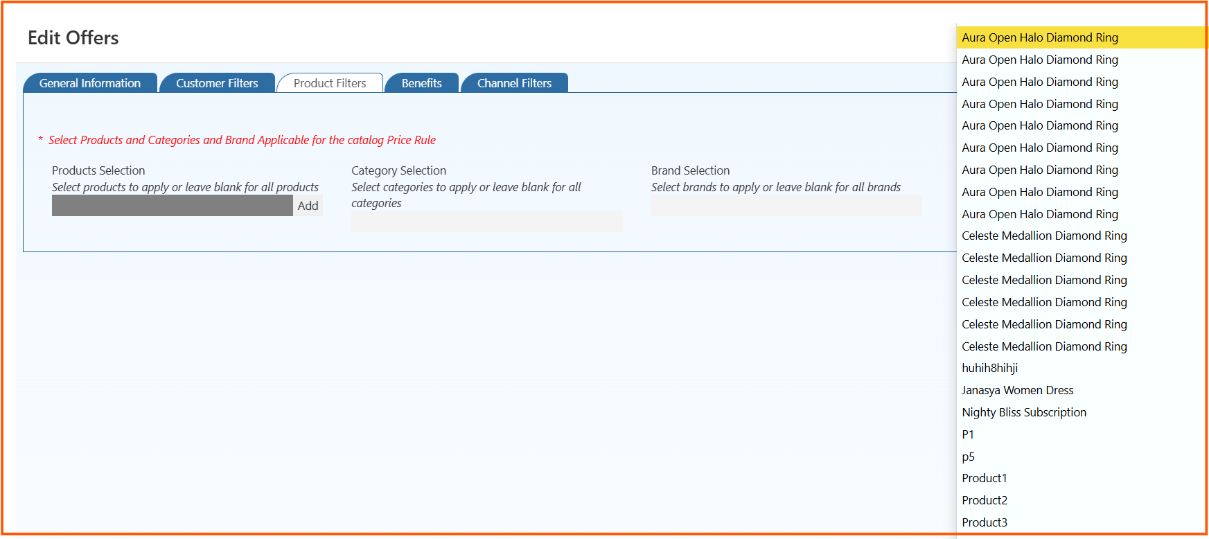 O2VEND Product Filters Tab showing product selection, category selection, and brand selection options