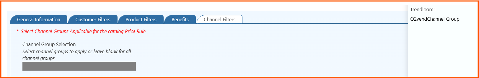 O2VEND Channel Filters Tab for selecting channel groups like POS and Online Store