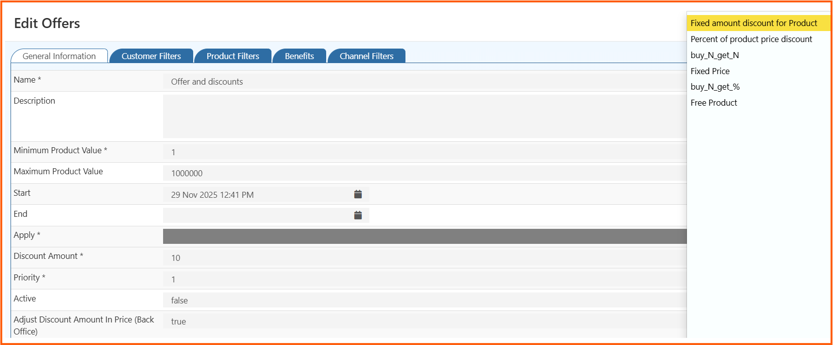 O2VEND Apply Field showing all offer types - Fixed amount discount, Percent discount, buy N get N, Fixed Price, buy N get %, Free Product