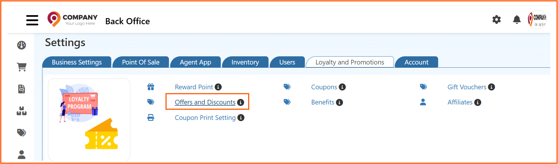 O2VEND Back Office Loyalty and Promotions Settings Navigation