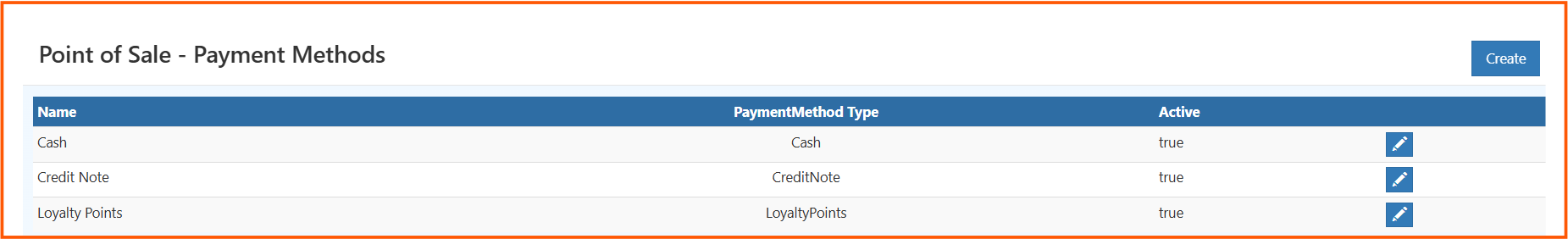 POS Payment Methods list