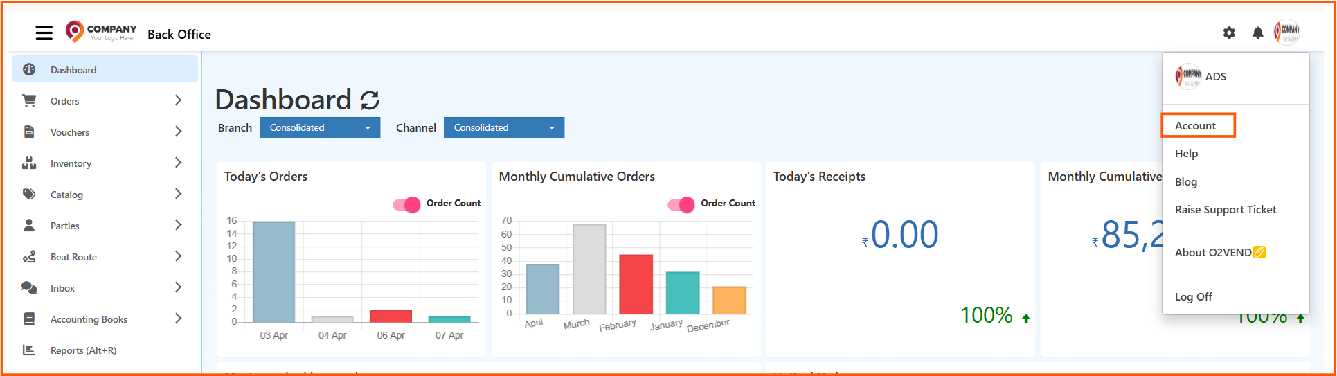 O2VEND Back Office Profile | Update Email, Phone, Password