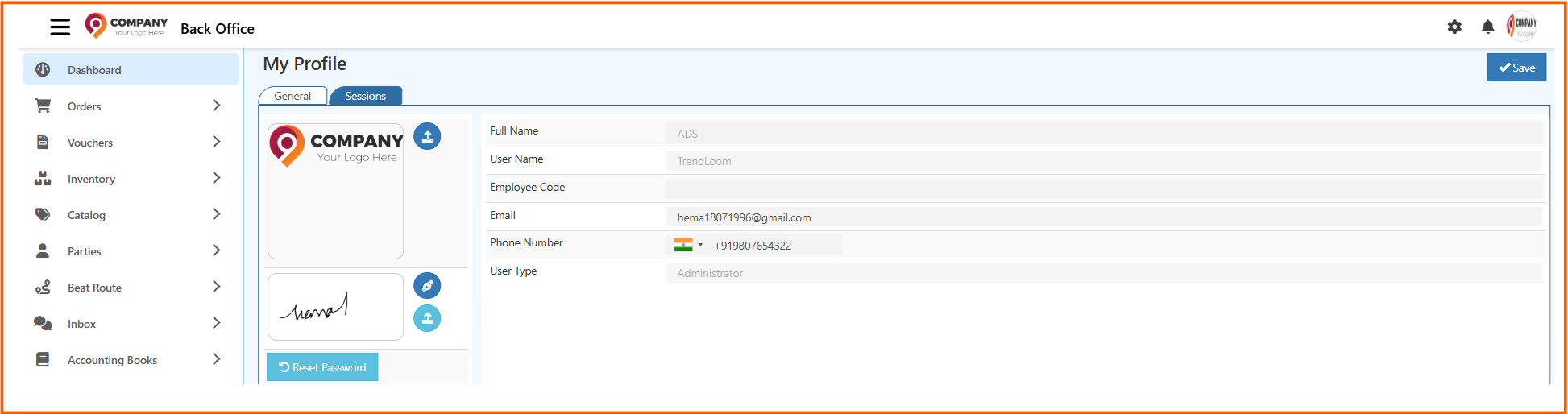 O2VEND Back Office Profile | Update Email, Phone, Password