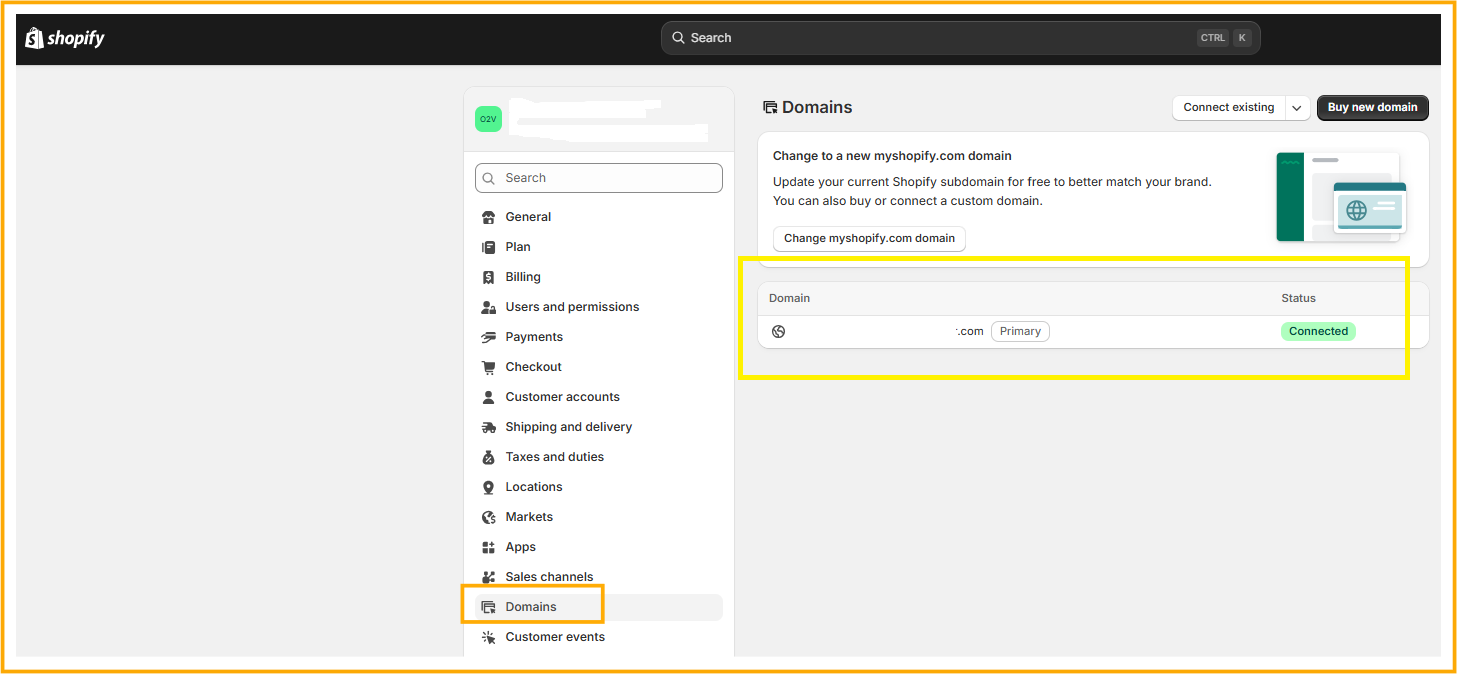 Shopify Domains Settings