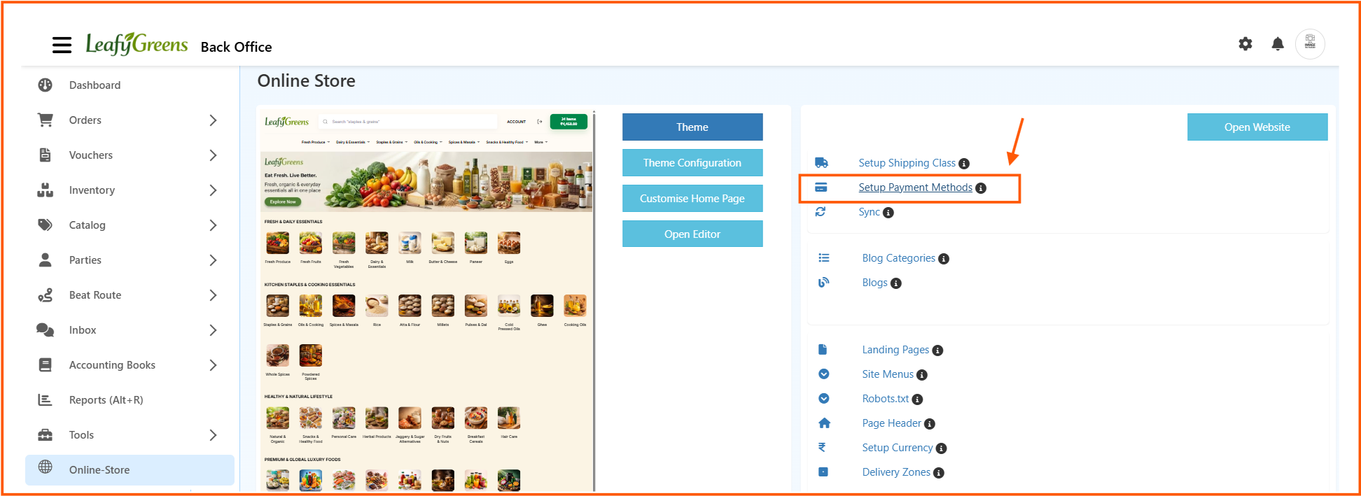 Open payment methods from Online Store