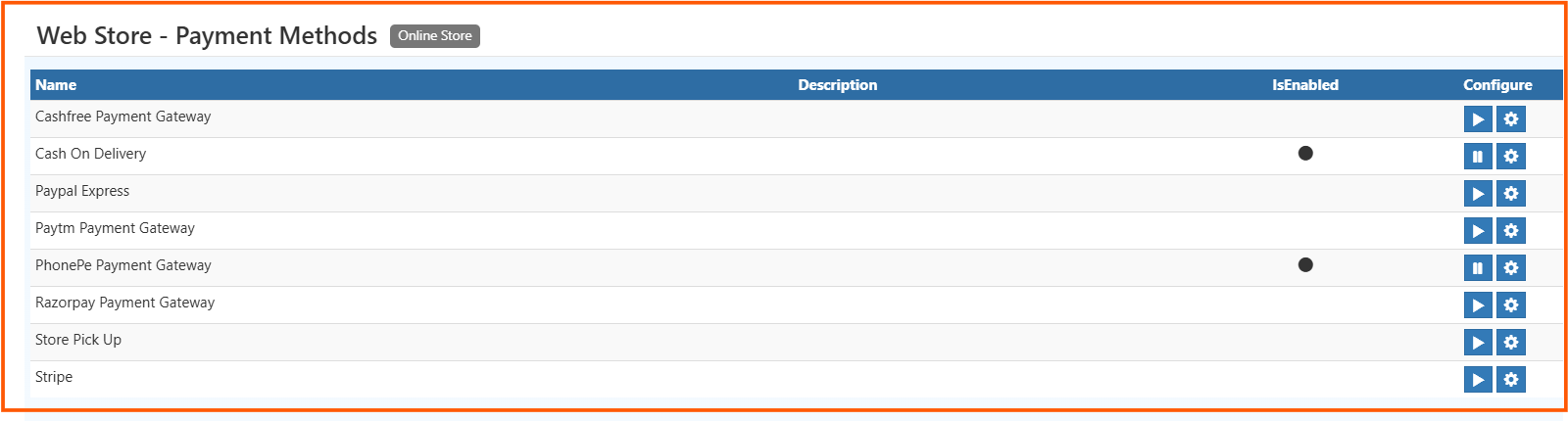 Web store payment methods list