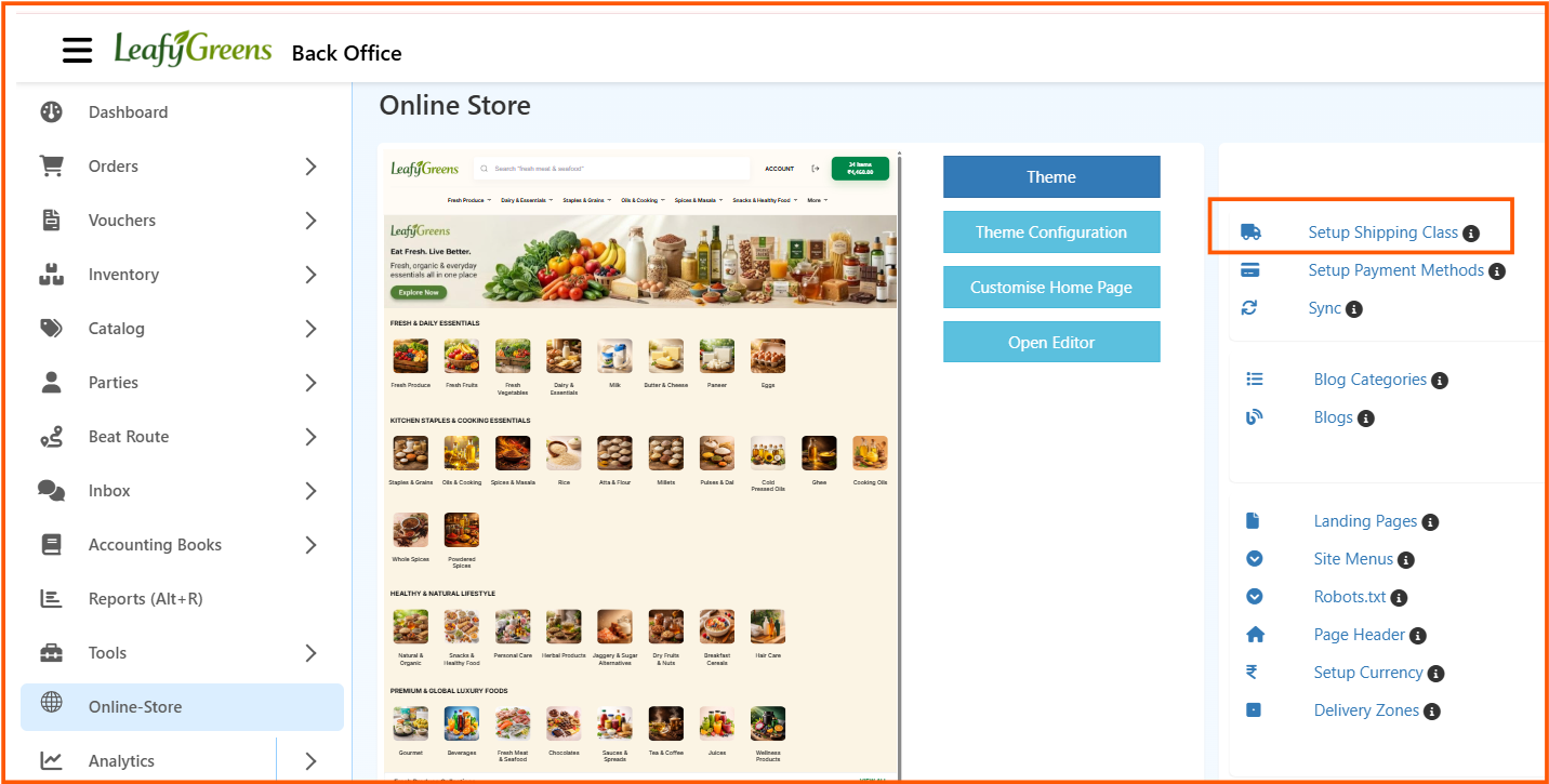 Open shipping class from Online Store