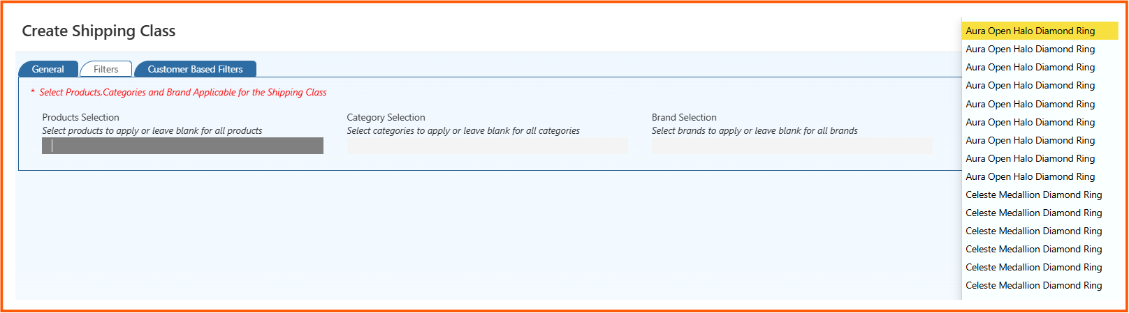Create shipping class filters tab