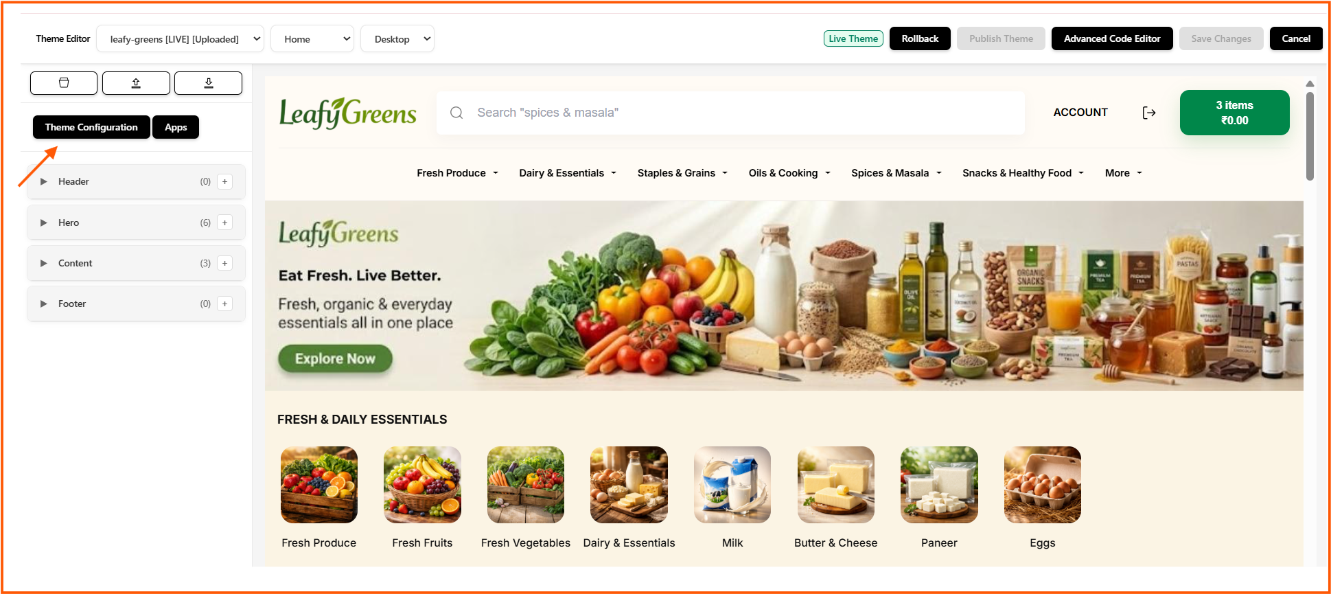 Theme Configuration settings page