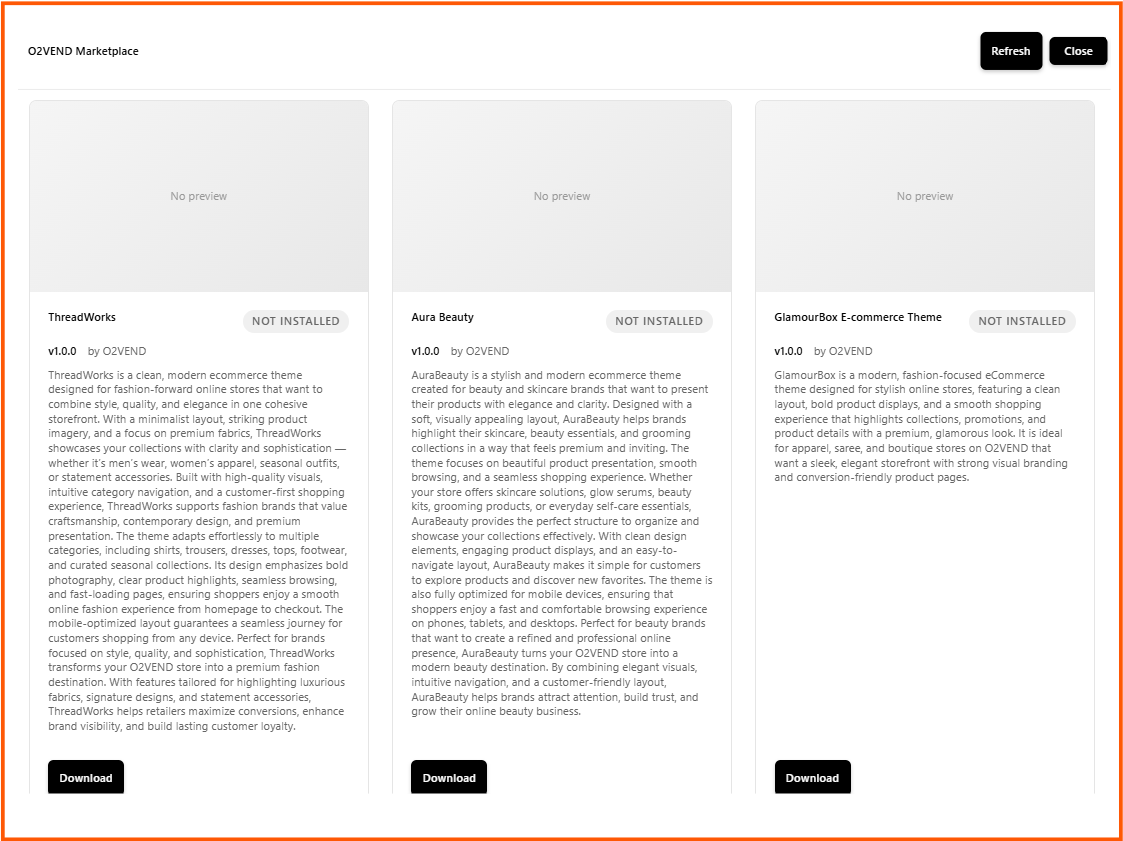 O2VEND theme marketplace view