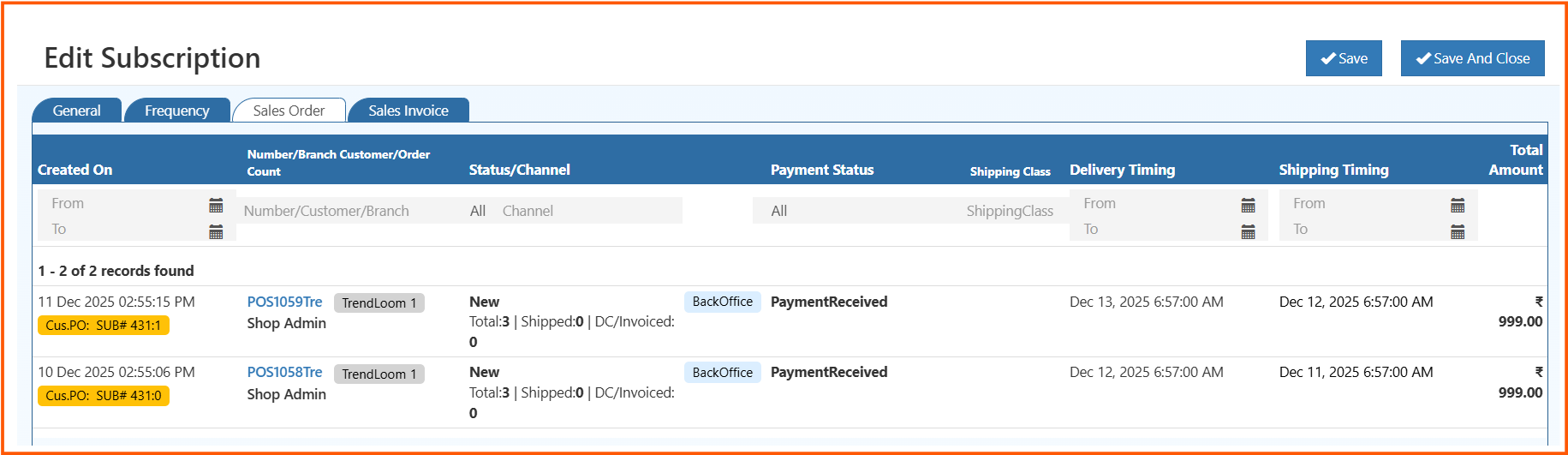 Edit Subscription - Sales Orders