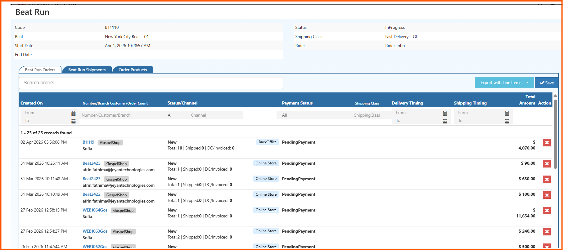Beat Run Orders View