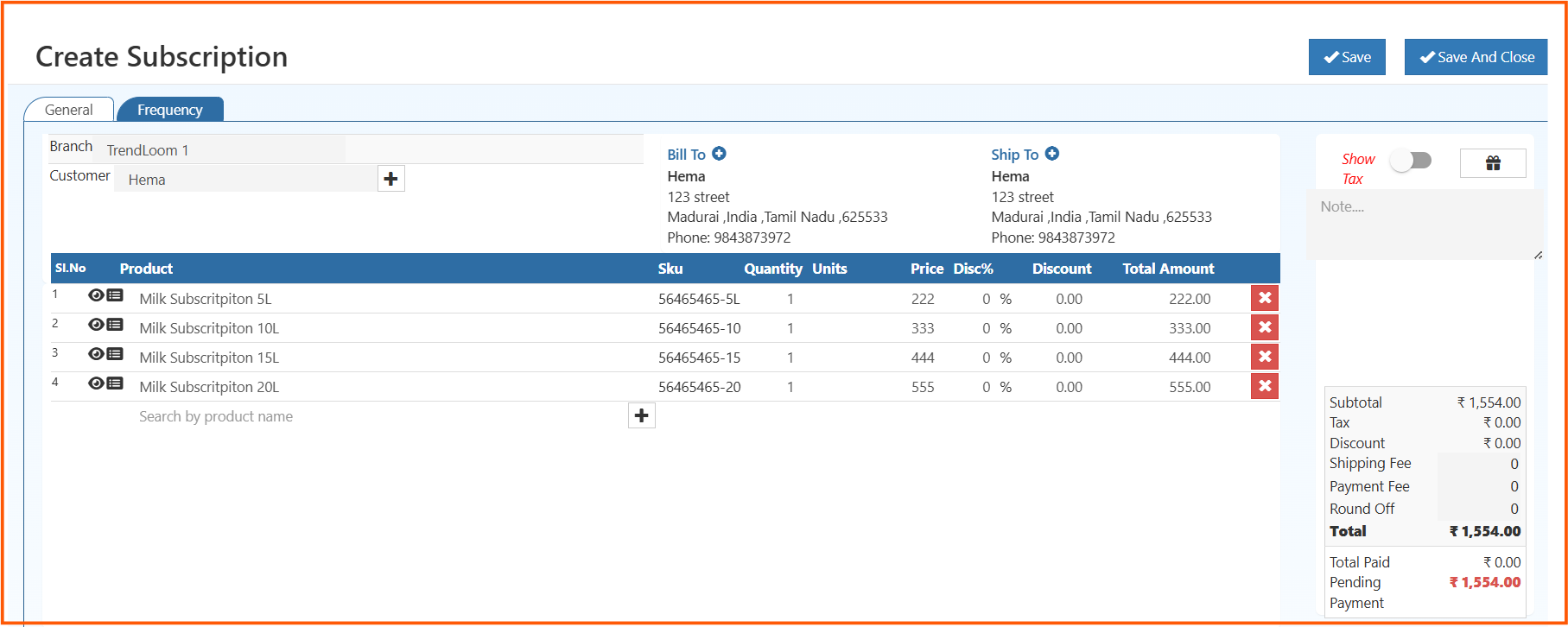 Create Subscription - Frequency Tab