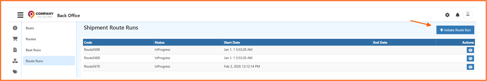 Shipment Route Runs List