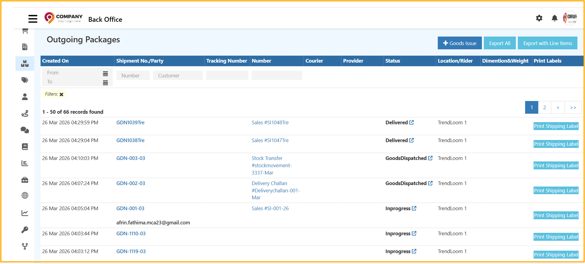 GDN Screen in O2VEND ERP