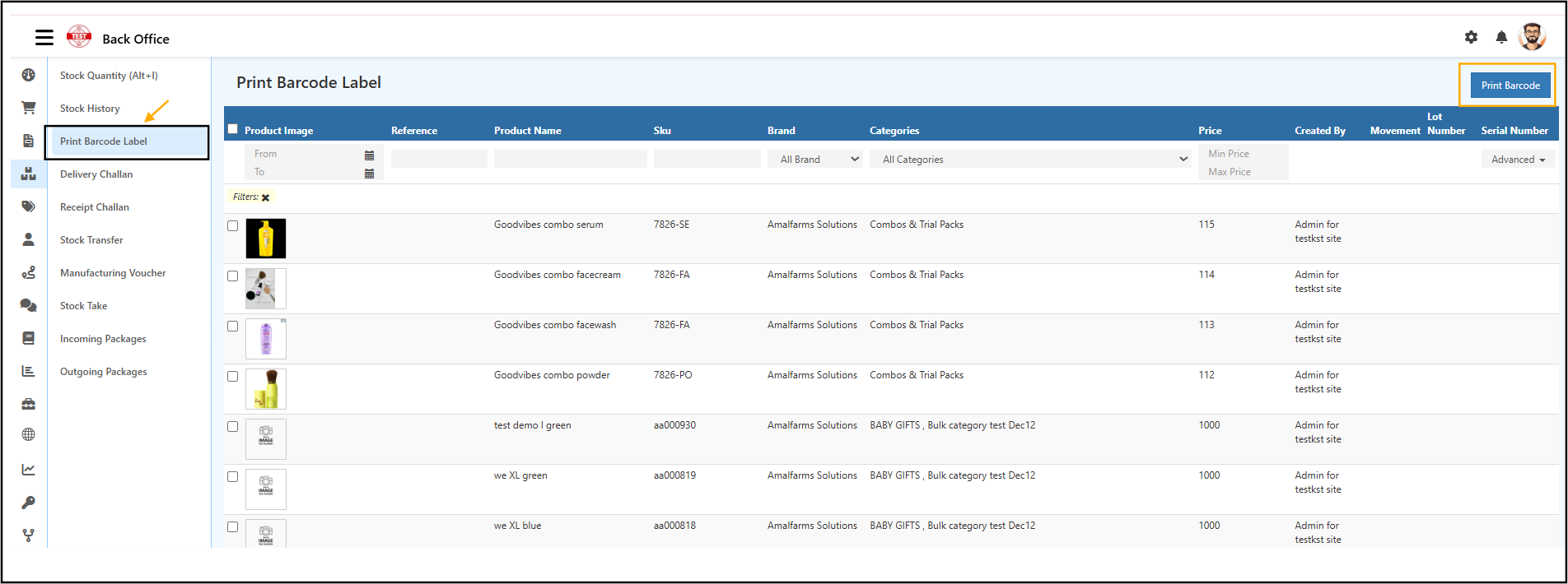 Print Barcode Label Screen in Back Office with product filters and selection options