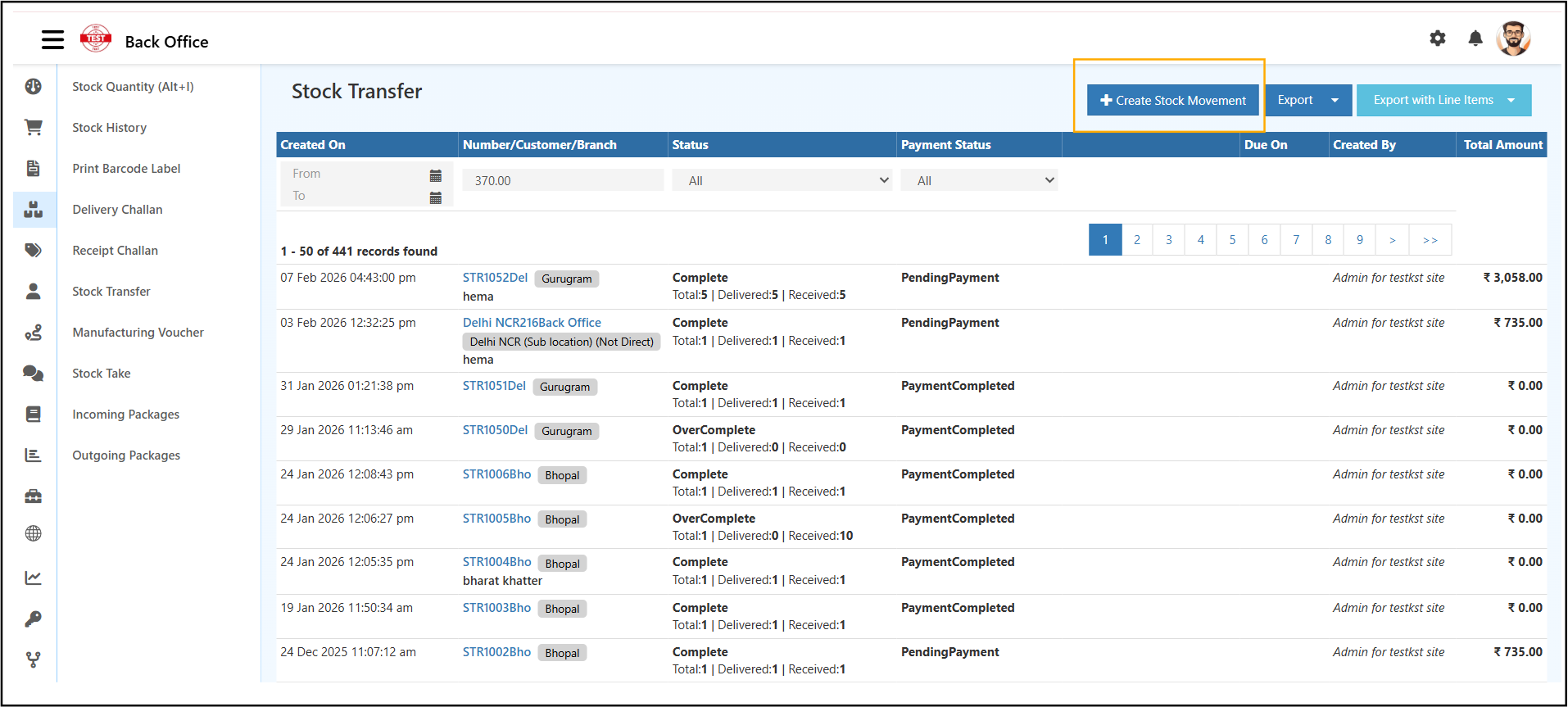Create Stock Movement button in O2VEND Stock Transfer module  