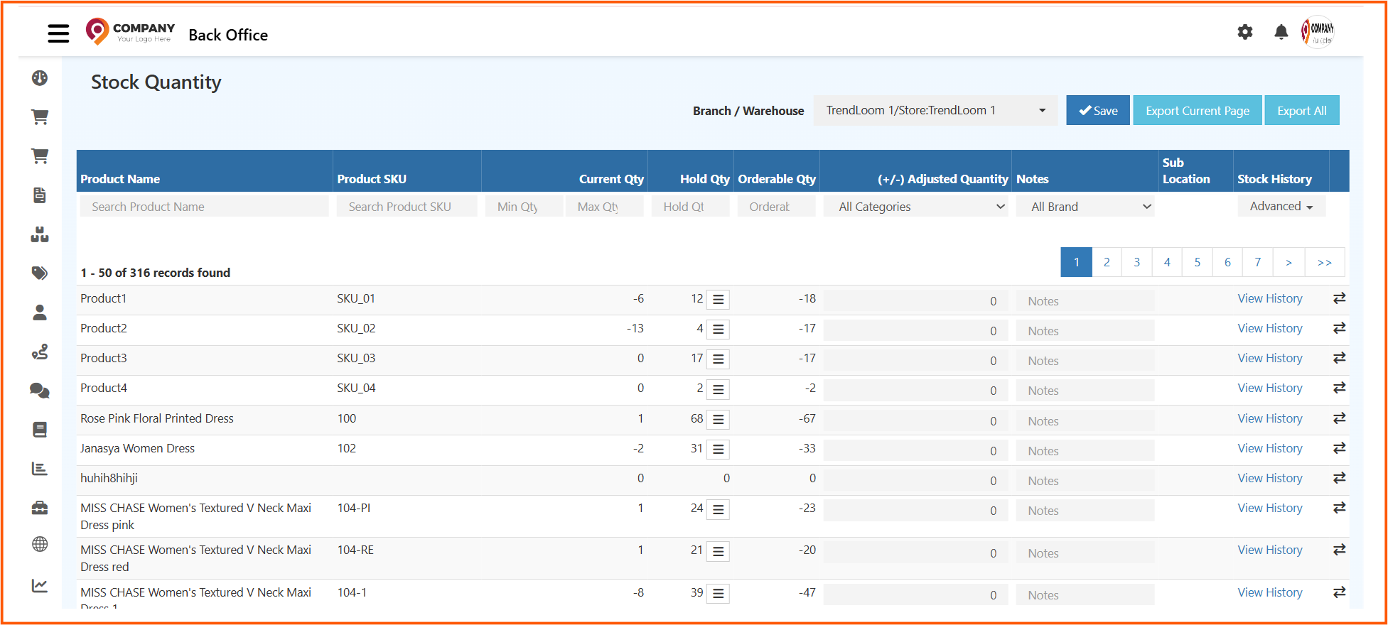Latest Stock Quantity screen in O2VEND